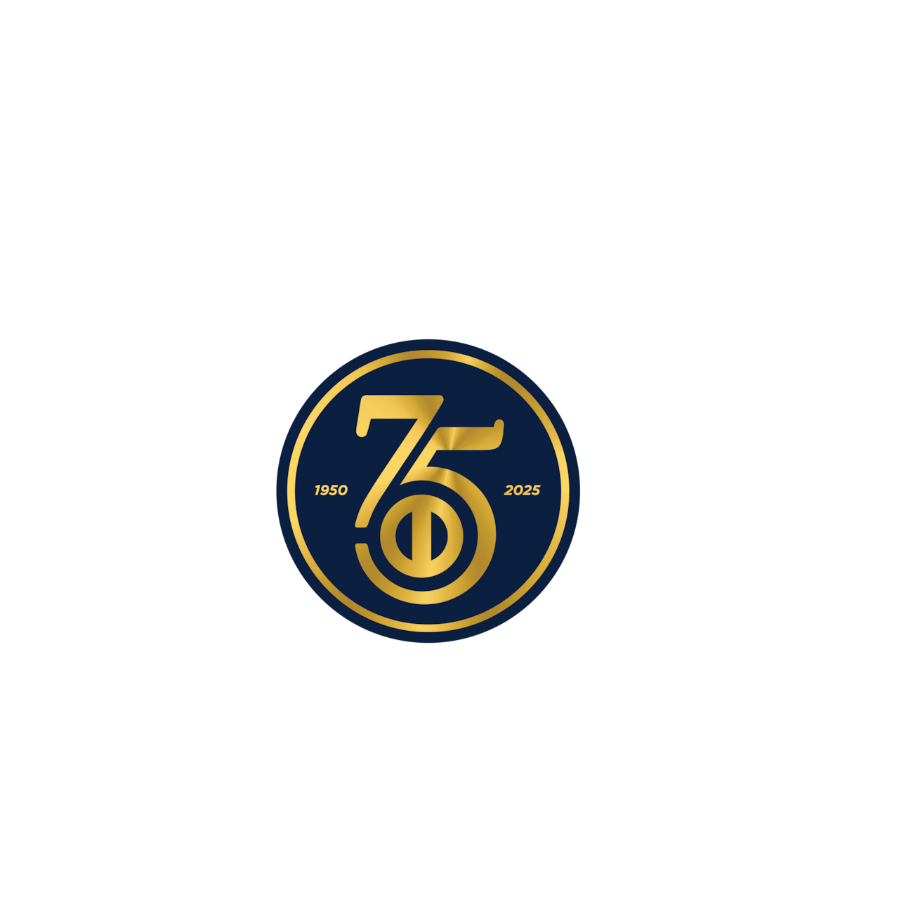 75th anniversary emblem with gold and navy blue design, featuring the years 1950 and 2025.