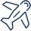 Airplane icon in navy blue outline on a white background, representing travel or aviation.