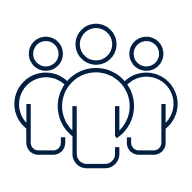 Group icon with three people in navy blue outline on a white background.
